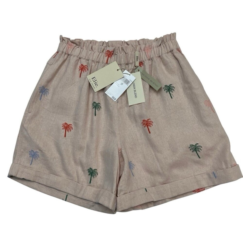 Elie Tahari Shorts Pink Linen Blend Palm Tree Embroidered Size S Resort Beach